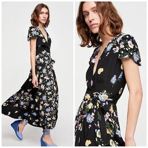 FREE PEOPLE Jess Authentic Wrap Flowy Black Floral Maxi Dress